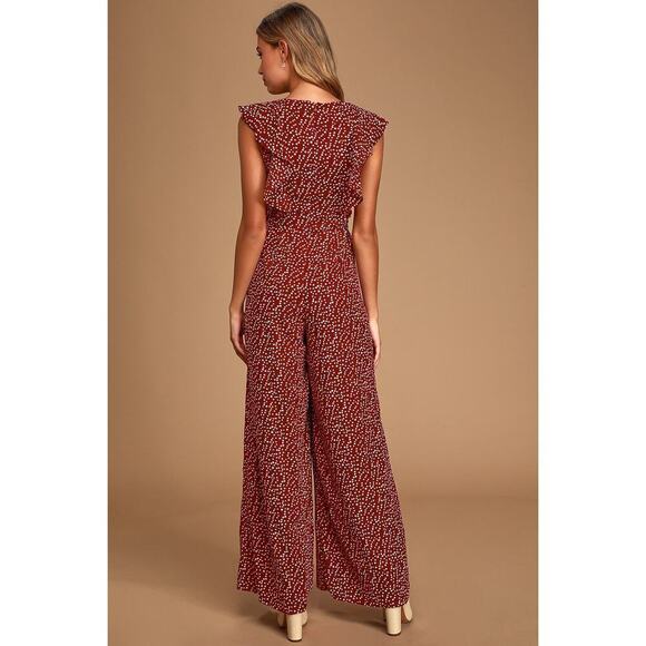 Lulus Fondest Memories Wine Red Polka Dot Sleeveless Ruffled Jumpsuit Size Med - Picture 4 of 10